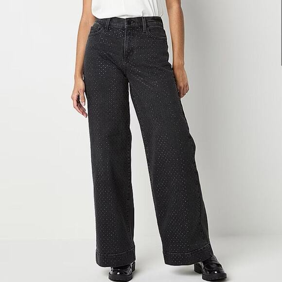 NWT a.n.a. Embellished High Rise Wide Leg Jeans Woman Sz 2 Black Onyx Rhinestone - Picture 1 of 8
